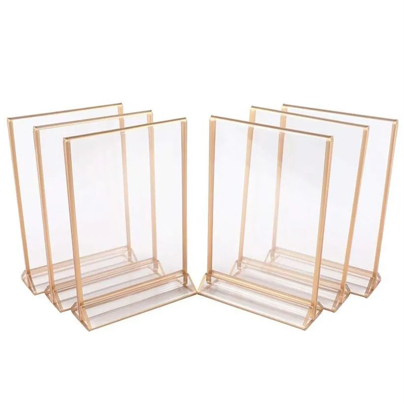 Party Decoration Gold Double Sided Picture Frames Acrylic Sign Holders Vertical Po Stand for Table Numbers Wedding Cards Pressed F2735