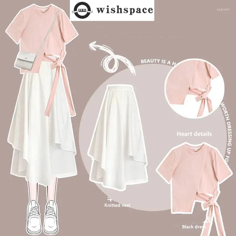 Arbetsklänningar 2023 koreansk stil båge tassel kort ärm t-shirt toppar ruffle kjol tvådelar elegant kvinnor kostym avslappnade kläder