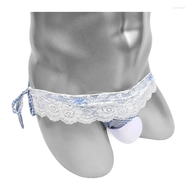 Underpants Plaid Men Sexy Briefs Underwear Lace-Up Sissy Frilly Lace Panties Bulge Penis Pouch Erotic Gay Lingerie Crossdress