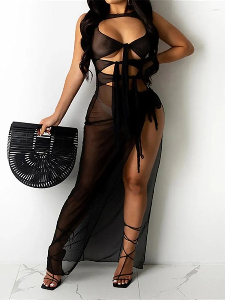 Lässige Kleider Sommer Strand Cover-Ups Kleid Frauen Durchsichtig Mesh Ausgehöhlt Ärmellos Spitze Up Split Lang Eng Schlank Sexy Urlaub