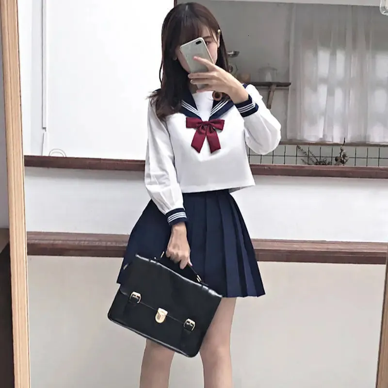 Vestido de duas peças estilo japonês S-2xl estudante meninas uniformes escolares meninas traje marinho mulheres sexy marinha jk terno marinheiro blusa saia plissada 231012