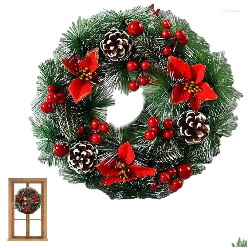 Couronne de noël artificielle pré-éclairée, fleurs décoratives, couronnes de porte d'entrée avec pommes de pin, baies et rustique Dh76B