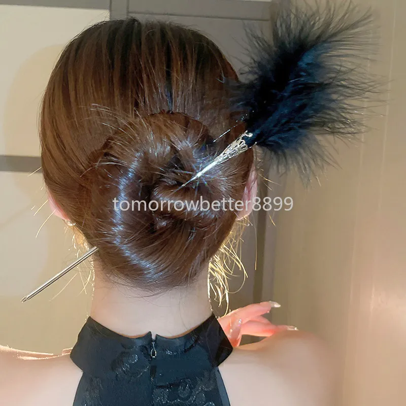 Moda preto branco penas varas de cabelo para mulheres elegante penas vara de cabelo grampos de cabelo estilo chinês hanfu grampos de cabelo