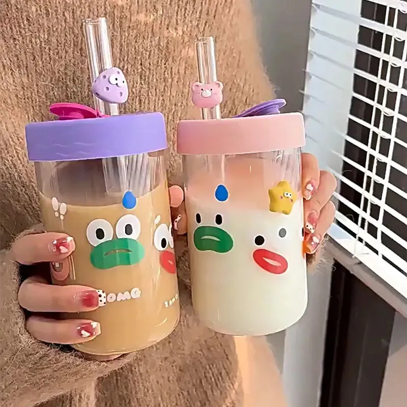 Mugs 550ml Kawaii Cartoon Glass Cup With Lid and Straw Bubble Tea Coffee Mug Juice Beer Can Milk Mocha Water Cups Drinkware 231013