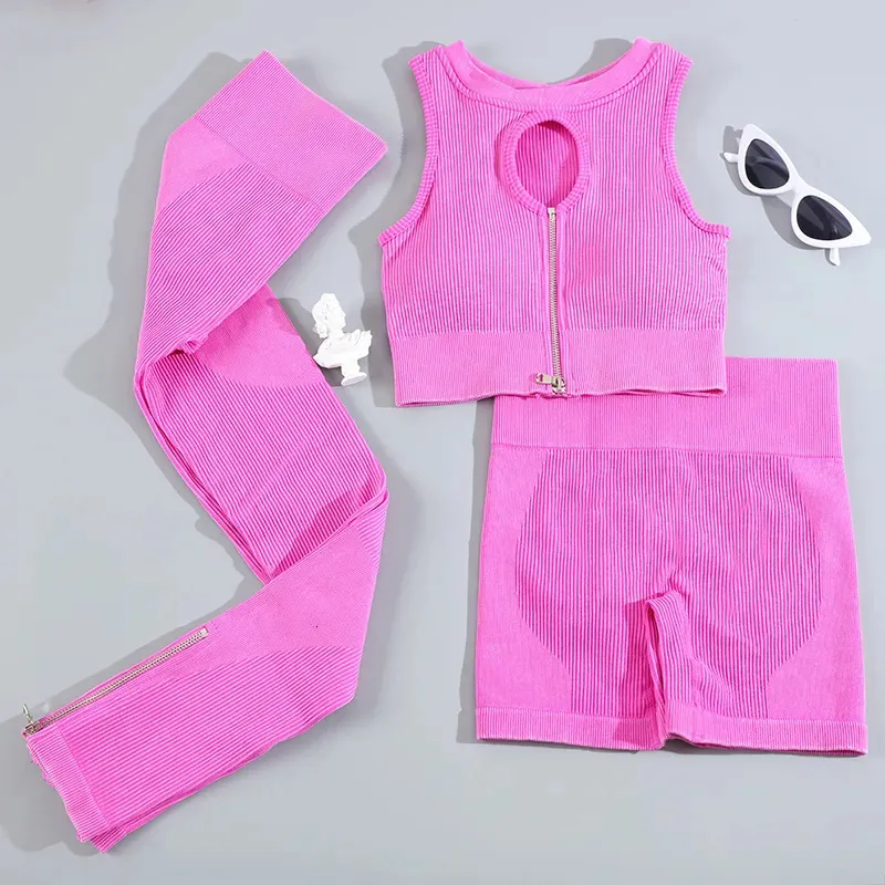 Yoga Outfit Chrleisure Wash Rib Terno para Mulheres Sem Costura Sports Set Zipper Running Bra com Butt Lift Scrunch Ciclismo Shorts Gym 231012