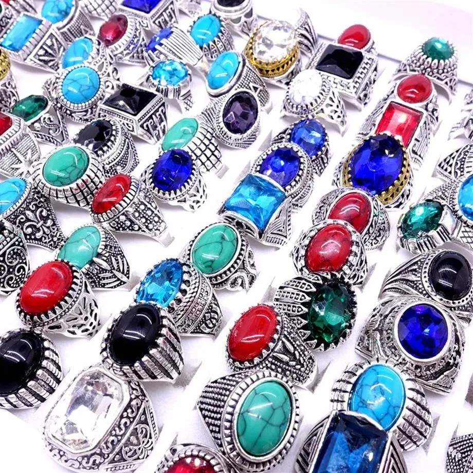 Whole 100pcs Ring Mix Styles Antique Silver Plated Stone Glass Vintage Jewelry Rings for Men Women brand new drop Part296k