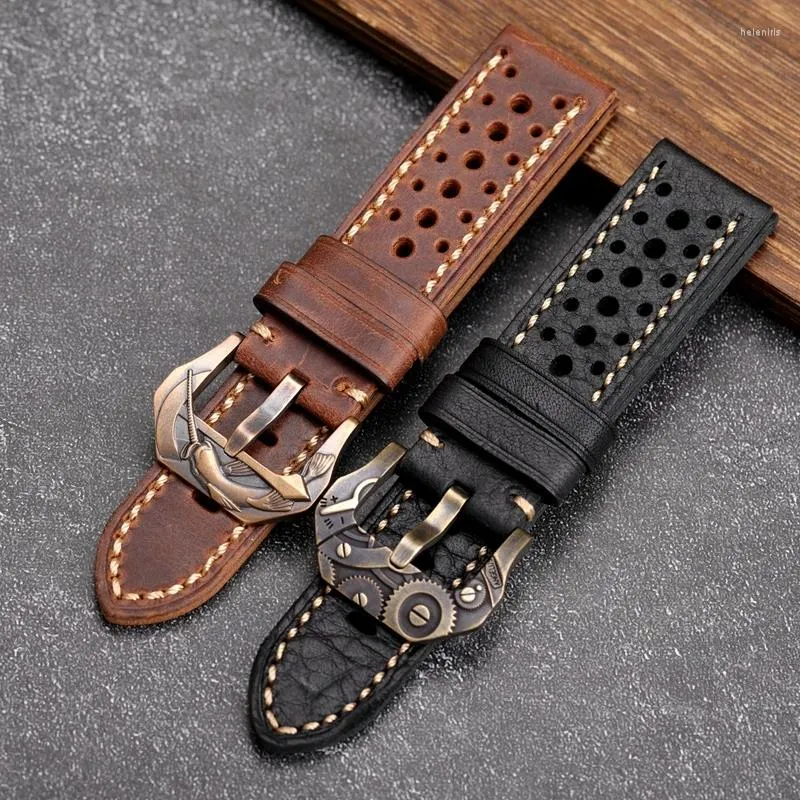 Watch Bands Hand-Made Breathable Cowhide Watchband 20 22 24 26MM Brown Black Leather Strap Suitable For Bronze Bracelet Men's