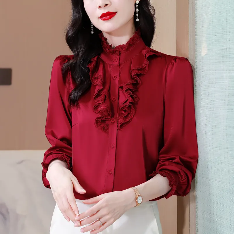 Woman Designer Silk Red Blouse Ruffle Stand Collar Elegant Shirts Long Sleeve Office Ladies Formal Button up Shirt 2023 Autumn Winter Solid Runway Satin Blouses