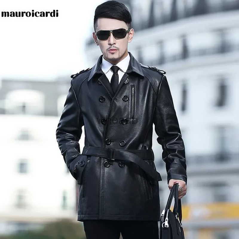 Mauroicardi-gabardina larga de cuero para hombre, abrigos de piel sintética  con cinturón de manga larga …