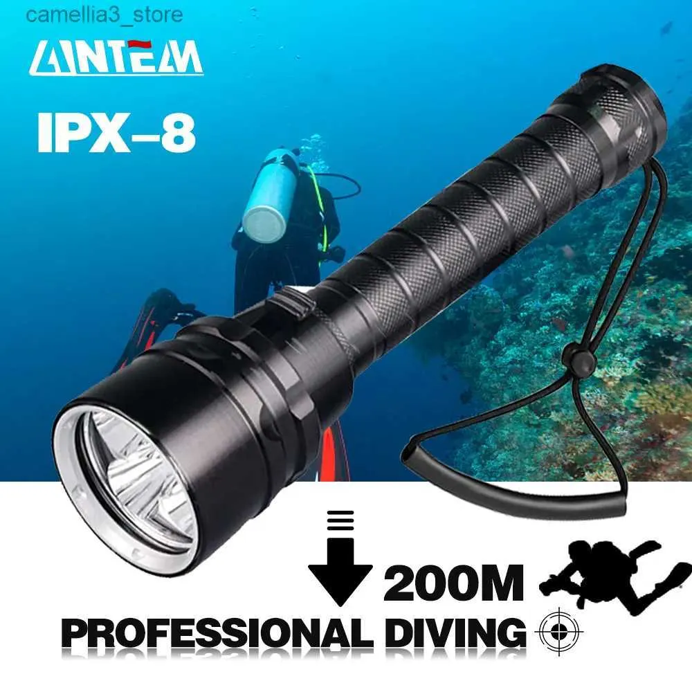 Tochas poderosas lanterna de mergulho LED Super 8000LM T6/L2 tocha subaquática profissional IP8 lâmpada de classificação à prova d'água usando bateria 18650 Q231013
