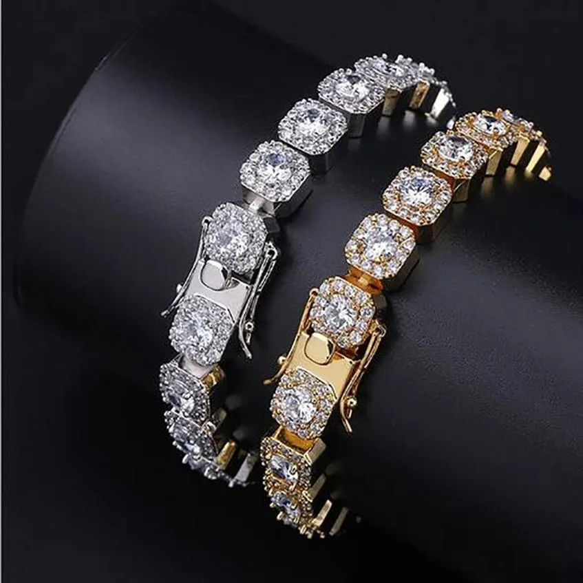 Mens 14K Gold Iced Round Big Diamonds Bracelet 10mm Bling Bling Bracelets with Locked Clasp Cubic Zircon Bracelets Hip Hop 51g188O