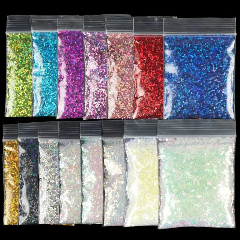 Acrylpulver, Flüssigkeiten, 15 Beutel, 150 g, 1 mm, holografischer Glitzer, Pailletten, Nagelkunst, Dekoration, glänzende Meerjungfrauenflocken, Nägel, Zubehör, Zubehör, Profi-Set 231012