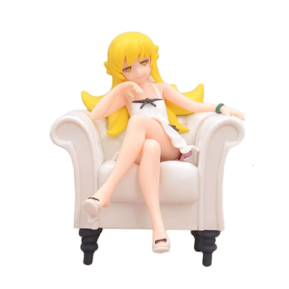 Mascot Costumes 12cm Anime Figure Bakemonogatari Series Sofa Seat Oshino Shinobu White Dress Sitting Pose Model Dolls Toy Gift Pvc Material