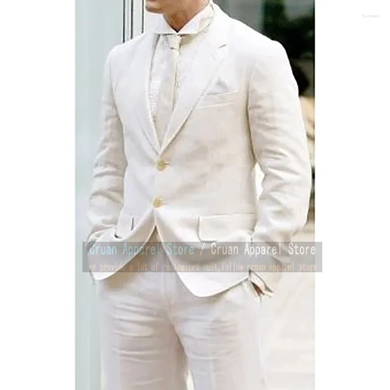 Мужские костюмы цвета слоновой кости, белый свадебный мужской комплект, на заказ, приталенный повседневный мужской пиджак, пляжный льняной смокинг для жениха, куртка, брюки, одежда из 2 предметов