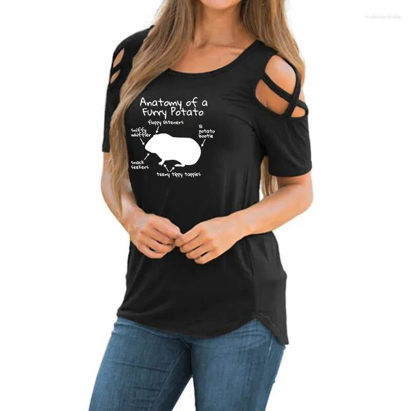 T-Shirts für Damen, Anatomie des Meerschweinchens, bedruckt, Damen-T-Shirt, Sommer, Tierliebhaber, Geschenk, Kreuz, schulterfrei, lässiges T-Shirt, Tops für Damen