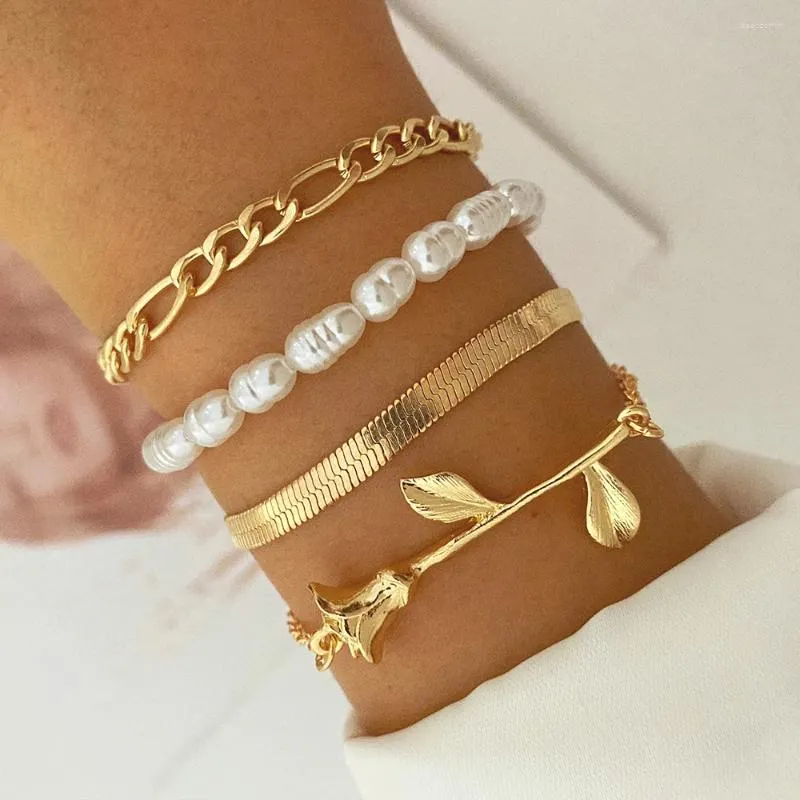 Charm Bracelets Multilayered Gold Color Set For Women Pearl Rose Flower Cuban Chain Bangles Vintage Jewelry Party Gifts