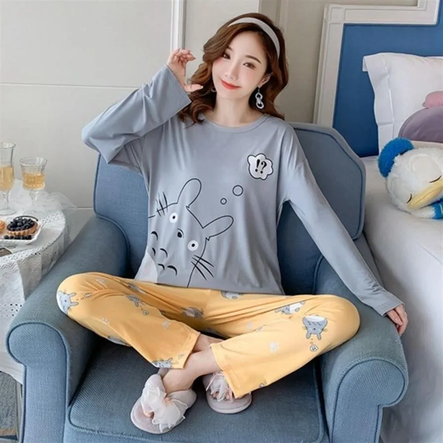 Autumn Cute Cartoon Totoro långärmad pyjamasuppsättningar för kvinnor sömnkläder kostym pajama femme pijama mujer hemkläder hem kläder 201113303y