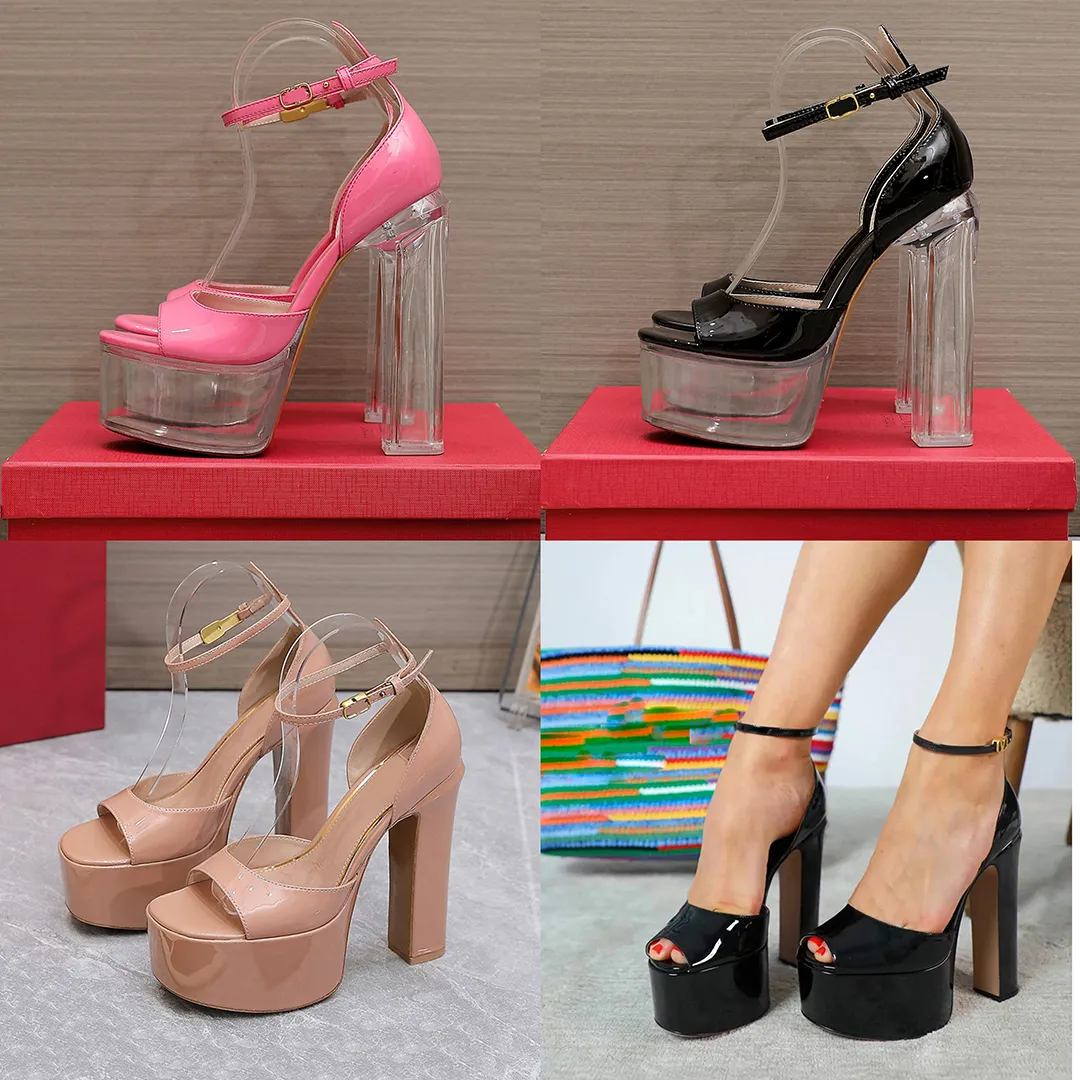Women s Clear Platform Buckle Sandals High Heels Dressy Patent Leather Fish Mouth 15.5CM