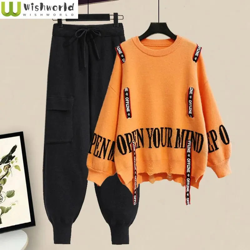 Women's Two Piece Pants Winter Ribbon Knitting Sweater Pullover Casual Overalls Two-piece Elegant Women's Pants Set Tracksuit Fall Outfits Women 231012