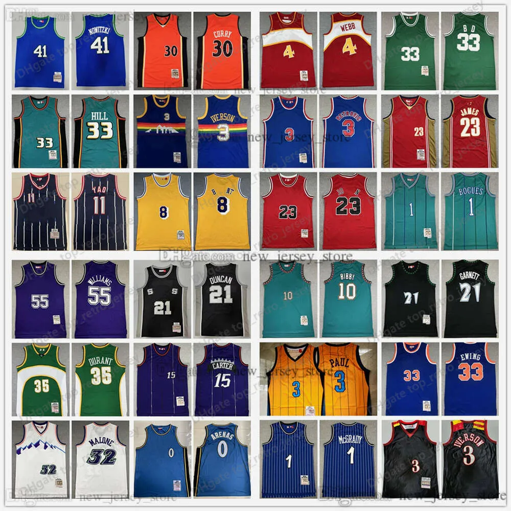 Maillots de basket-ball rétro Mitchell et Ness Dikembe Carmelo Mutombo Anthony Allen Nowitzki Iverson Scottie Derrick Pippen Rose Larry Tyrone Johnson Muggsy Garnett