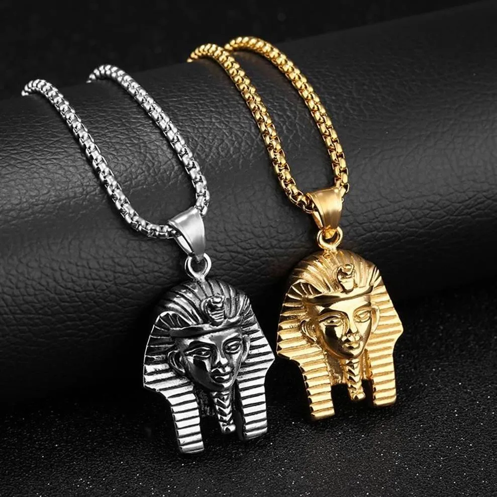 Pendant Necklaces Hip Hop Rock Gold Silver Color Stainless Steel Egyptian Pharaoh Tutankhamun Necklace For Men Jewerly With 24&quo226U