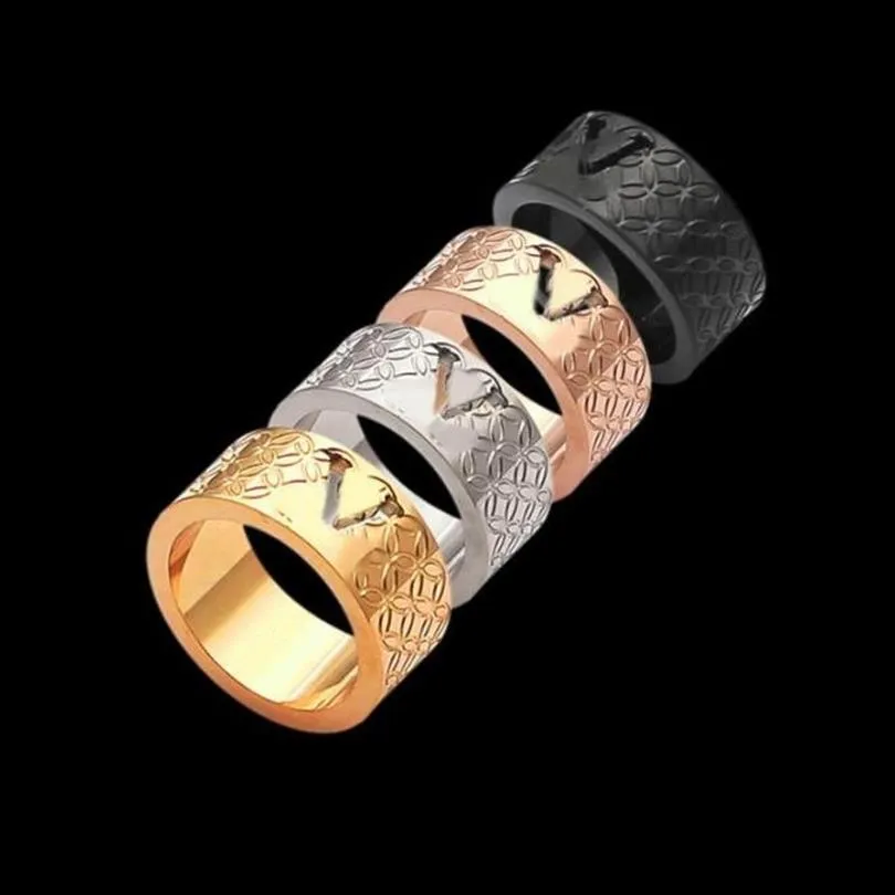 Bagues entières Taille 6 7 8 9 Bague à carreaux en forme de V creuse en acier titane pour femmes et hommes diamant de mariage jew246G