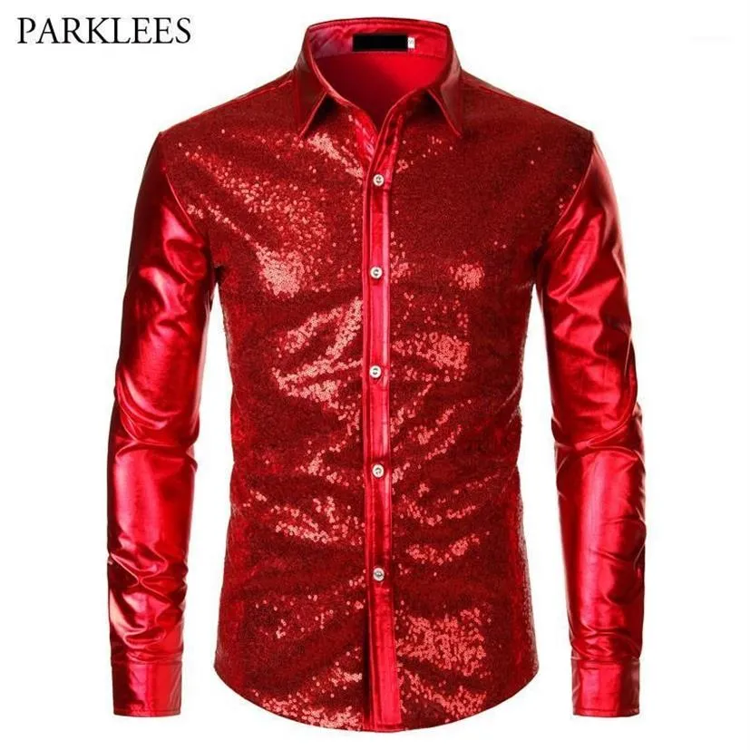 Men's Casual Shirts Red Metallic Sequins Glitter Shirt Men 2021 Disco Party Halloween Costume Chemise Homme Stage Performance234n