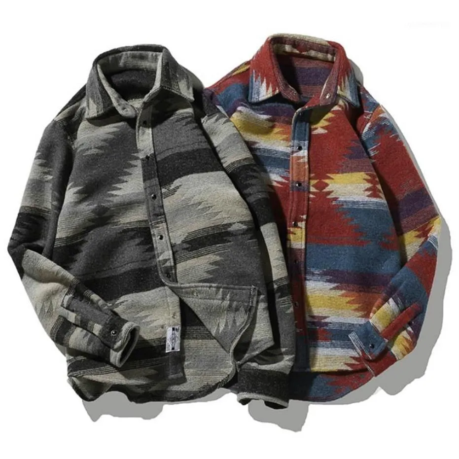 flannel Shirts Folk-custom Shirts for Men Vintage Woolen Leisure Pattern dress casual Shirt Men Plus Size Streetwear12351
