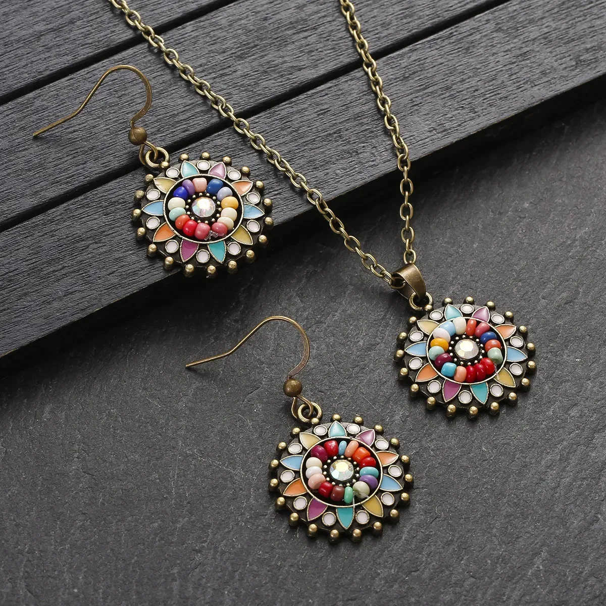 Wedding Jewelry Sets Boho Colorful Beads for Women Vintage Gold Color Alloy Flower Necklace Pendant Earring Bridal 231013