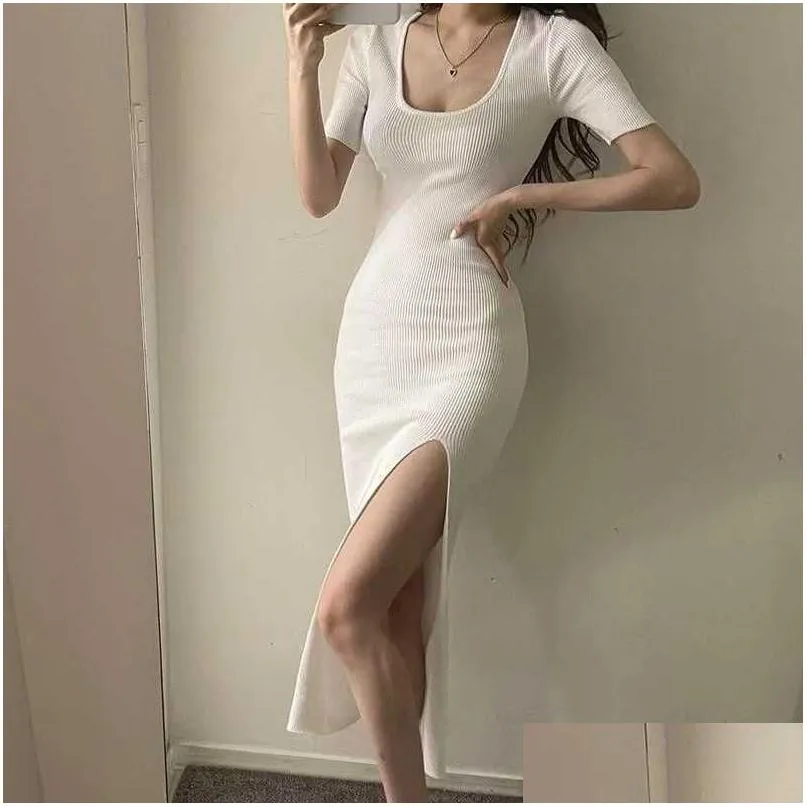 Urban Sexy Dresses Womens Casual Short Sleeved Dress Lady Kirt Hem Thin Style Girl Designer Split Long Drop Delivery Apparel Clothin DHZFD