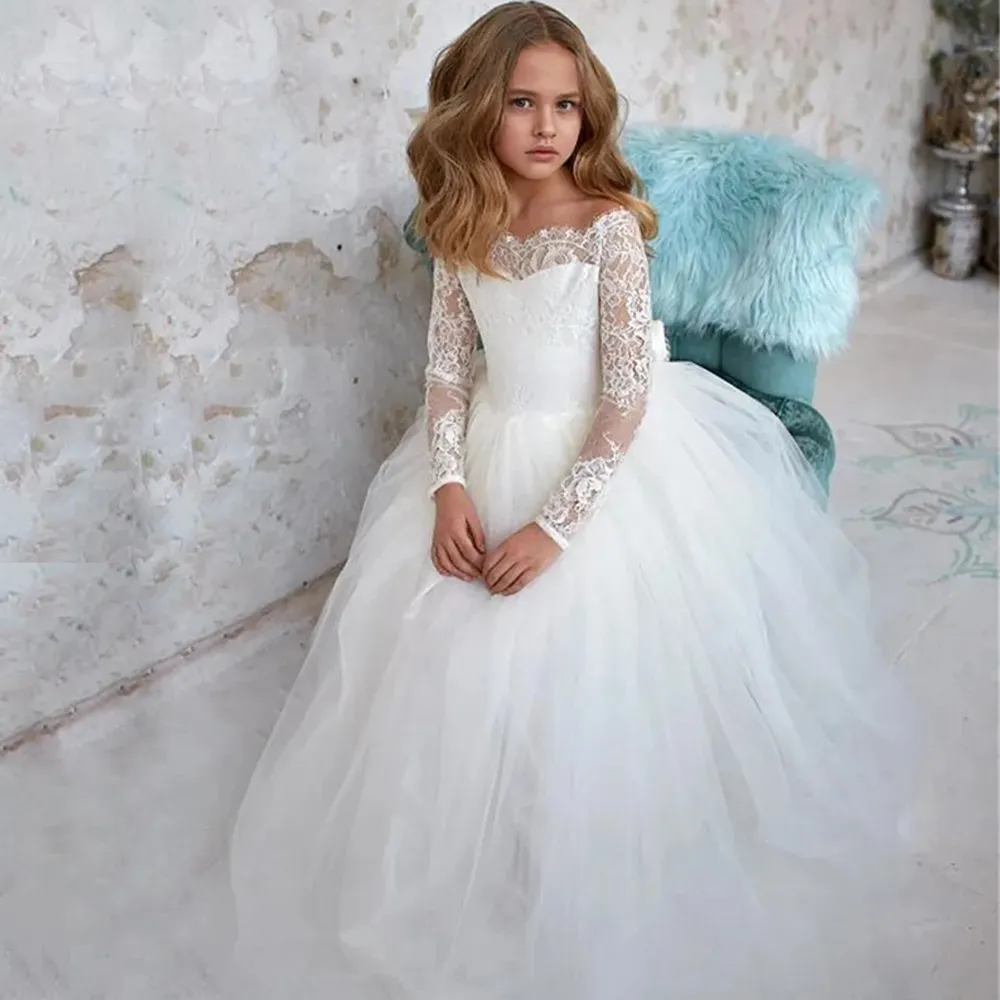 Vintage Off The Shoulder A Line Flower Girls Dresses Lace Top Bow Bie First Communion Gown Long Sleeve Tulle Kids Formal Dress 326 326