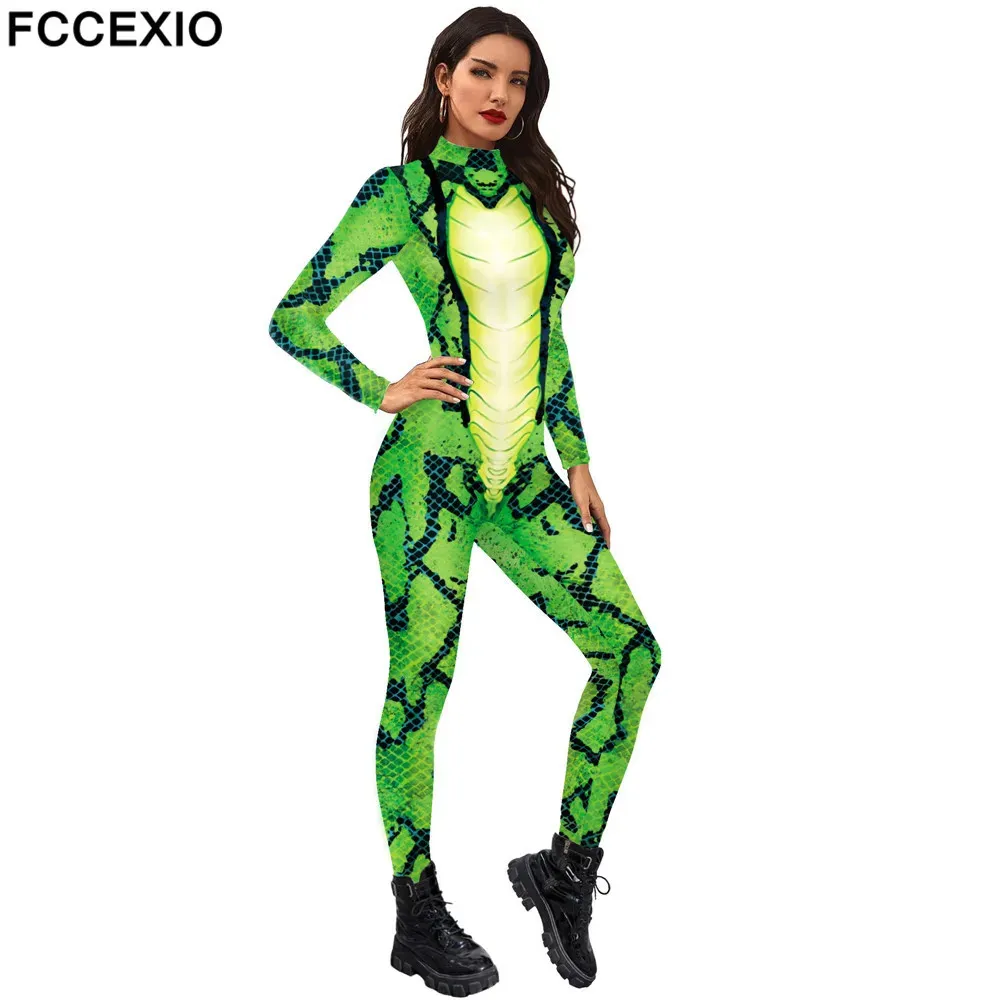 حللا للمرأة rompers fccexio green snake مثير نساء طباعة بذلة كرنفال الحزب cosplay costume bodysuit البالغين اللياقة