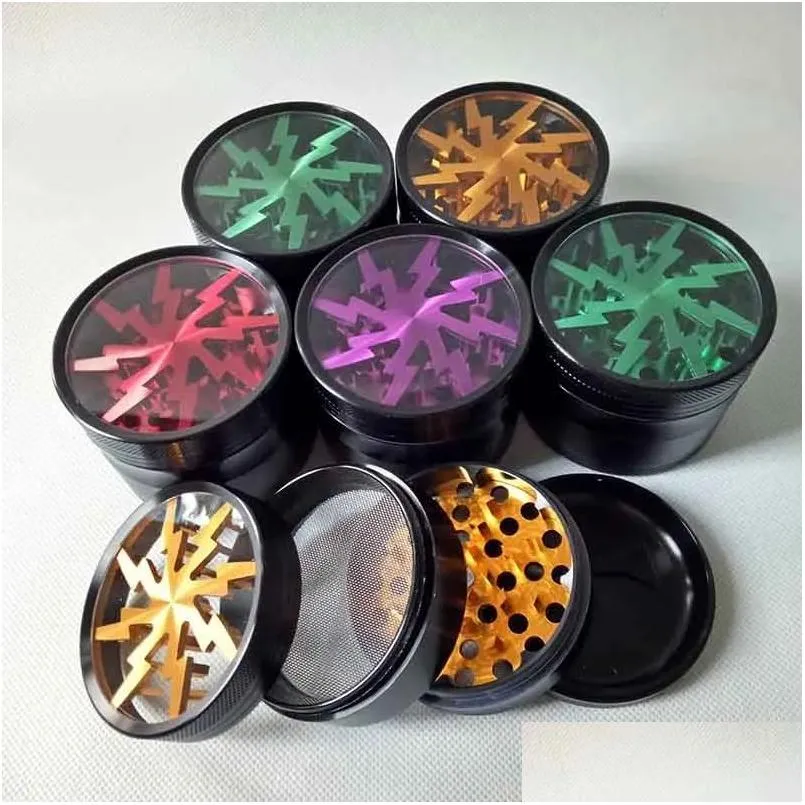 Herb Grinder Metal Tobacco 50Mm Aluminum Alloy Belt Transparent Top Window Lighting Crusher 5 Colors Drop Delivery Home Garden House Dhyv6