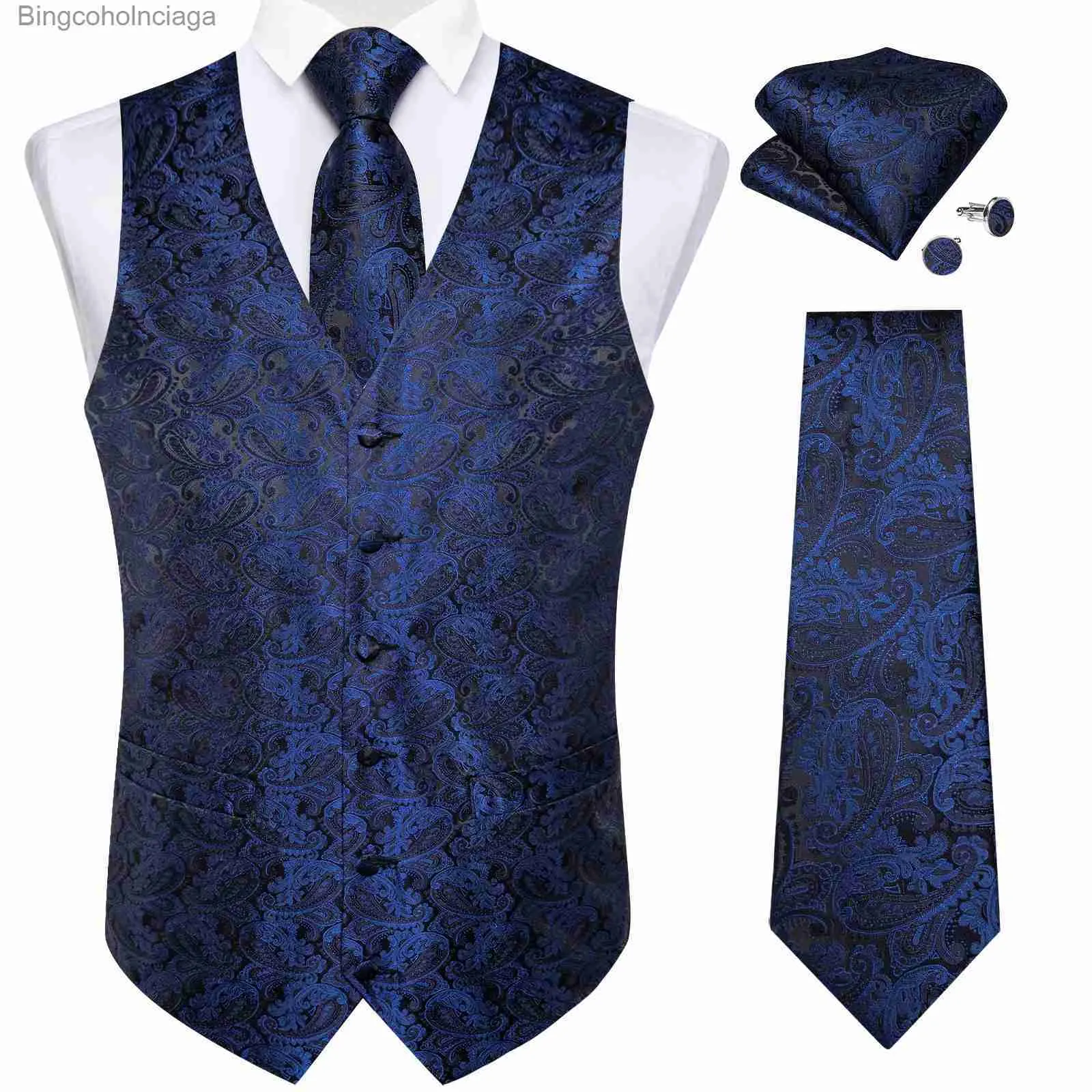 Mäns västar Dark Blue Men's Paisley V-ringväst för Business Party Wedding Fashion 4 PCS midja midja Pocket Square manschettknappar Set Luxury Tiel231014