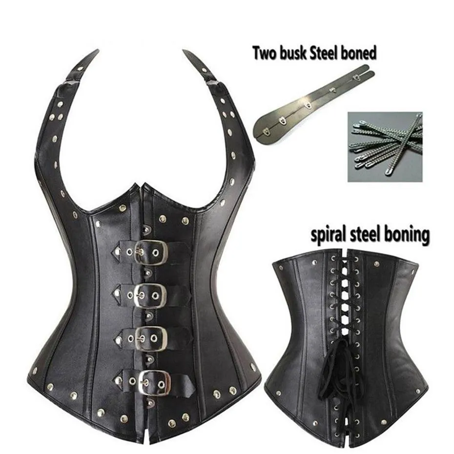 Women's Club Steampunk Shapers BIG PLUS SIZE Sexy Underbust Gothic Buckles Steel Boned PU Leather Look Halterneck Bustier Cor224d