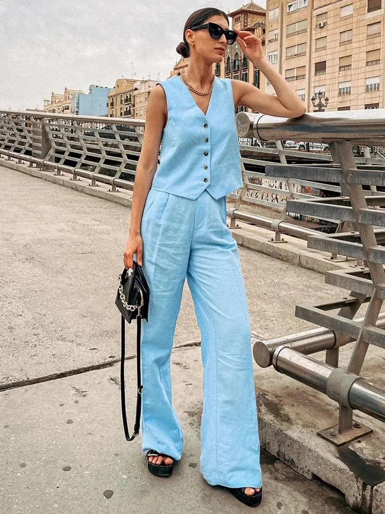 Office Lady Elegant Faux Linen Two Piece Set For Women V Neck Blue  Waistcoat And Trousers And Wide Leg Pants For Summer Outfits From Fengyiyi,  $18.84