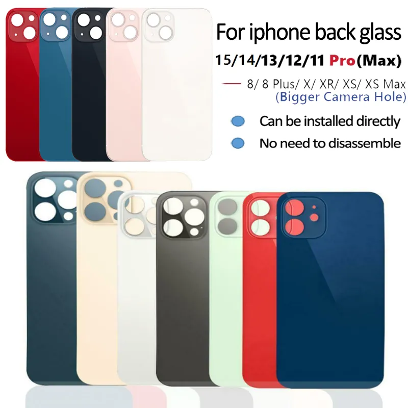 Per iPhone 15 14 13 12 11 pro max 8 plus X XS MAX custodia in vetro per batteria sostituzione cover posteriore fotocamera con foro grande con adesivi