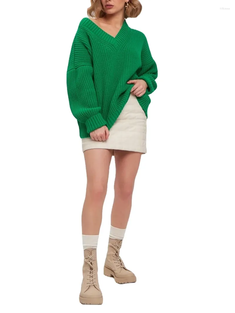 Kobiety swetry Malciklo Women's Fall luźne sweter stały kolor v-dekolt kabel dzianin z długim rękawem dzianinowy