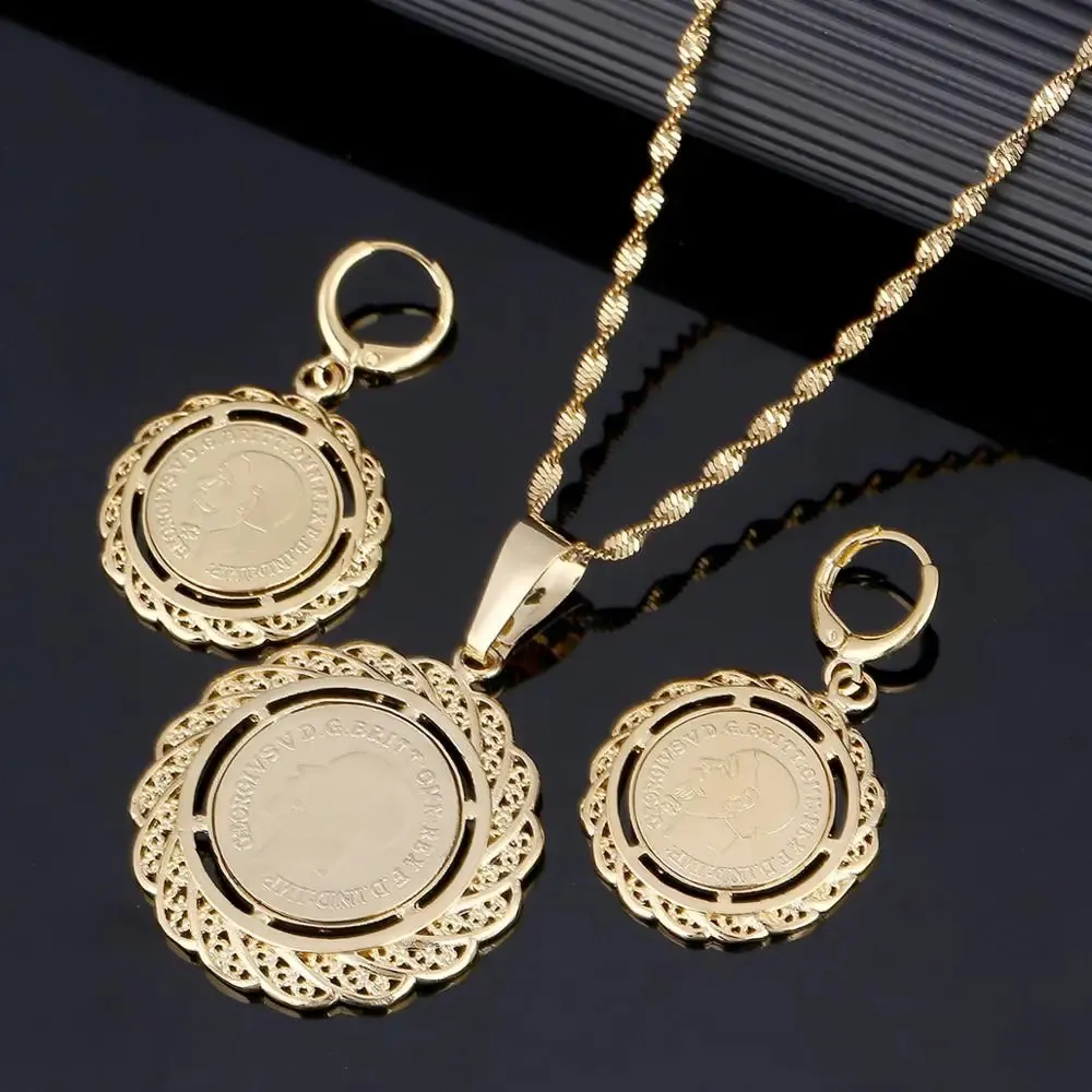 Wedding Jewelry Sets Ethiopian Gold Color Coin Necklace Pendant Earrings Habesha Wedding Eritrea Africa Jewelry Set 231013