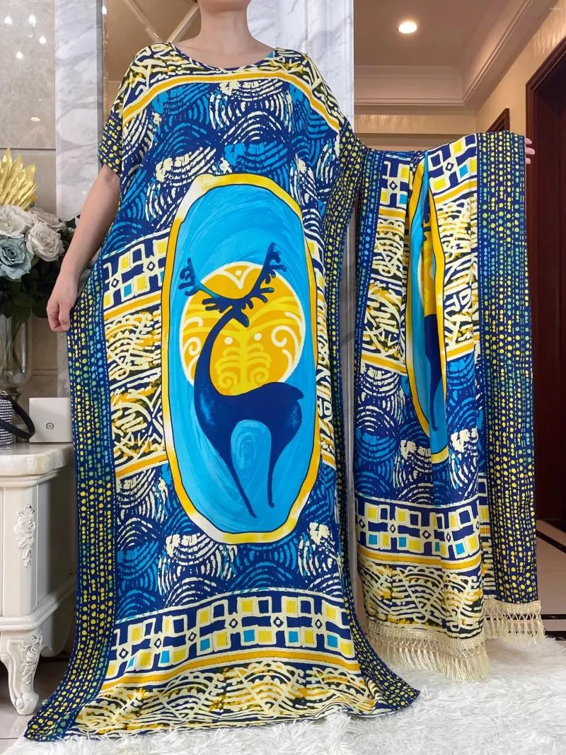 Ethnic Clothing 2023 African Dashiki Dress Kaftan Abaya Cotton Boat-neck Floral Printed Short Sleeve Loose Women Casual With Big Scarf
