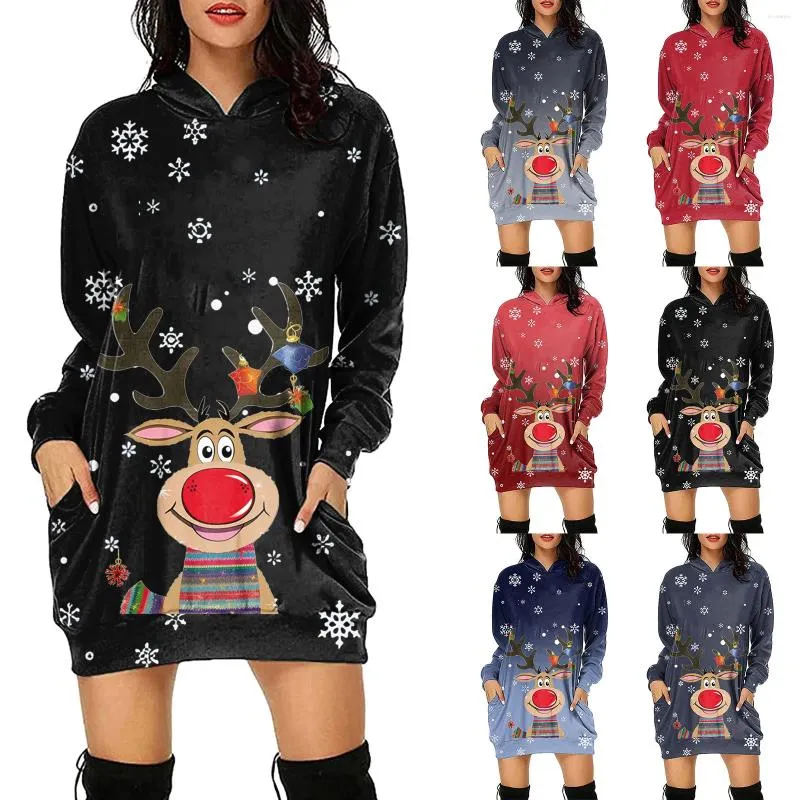 Kvinnors hoodies kvinnor lång avslappnad ärm pullover tröja jultryck huva fickklänning
