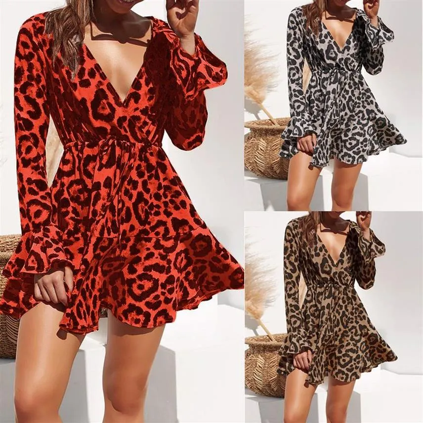 Abito da donna Abito estivo in chiffon Donna Stampa leopardata Boho Abiti da spiaggia Casual Volant Manica lunga A-line Mini Abito da festa Asiatico S233p