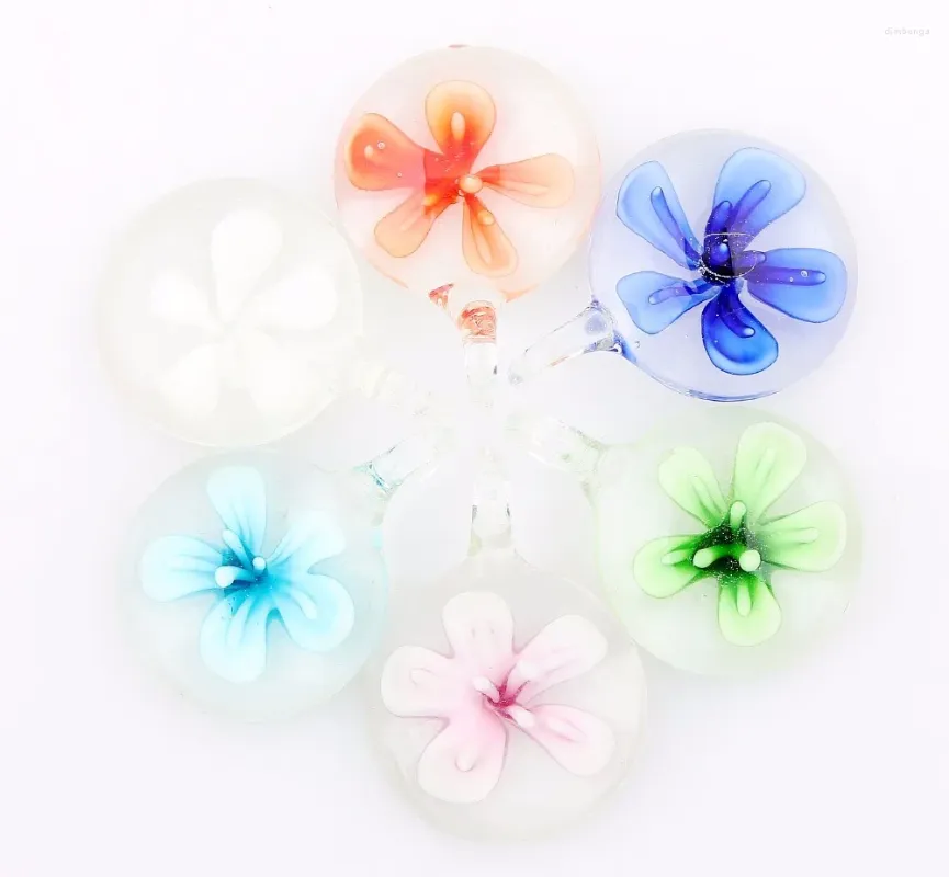 Pendentif Colliers Qianbei Mode En Gros 6pcs À La Main Murano Lampwork Verre Mélange Couleur Ronde Fleur Fit Collier