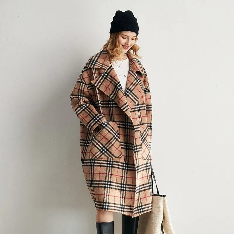 100% Sheep Autumn and Winter Large Lapel Plaid Cocoon Double-sided Wool Mid-length Coat