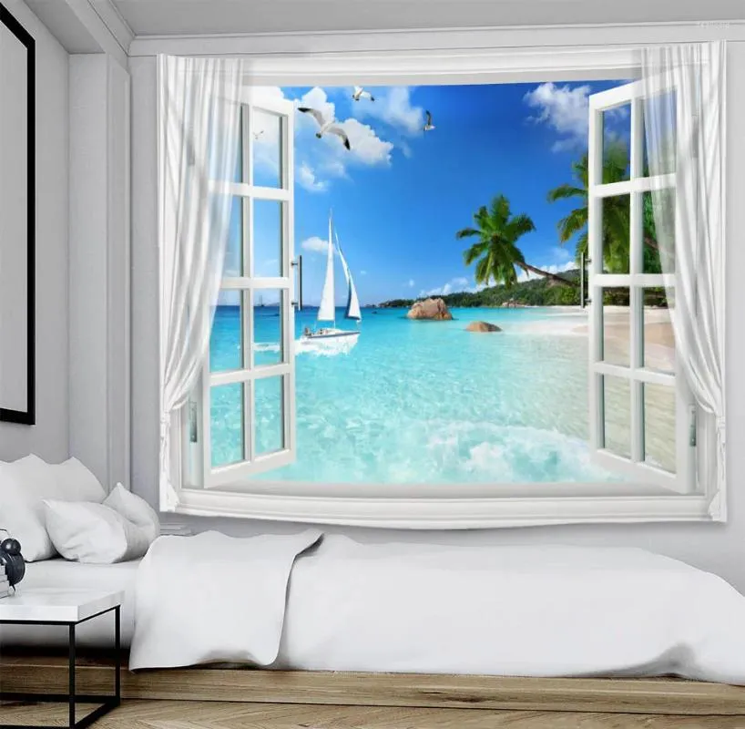 Tapeçarias Criativas Tapeçaria Estética Janelas Varanda Vista Floresta Oceano Parede Pendurada Espiritual 3D Decoração de Casa Personalizada Cortinas de Tamanho Grande