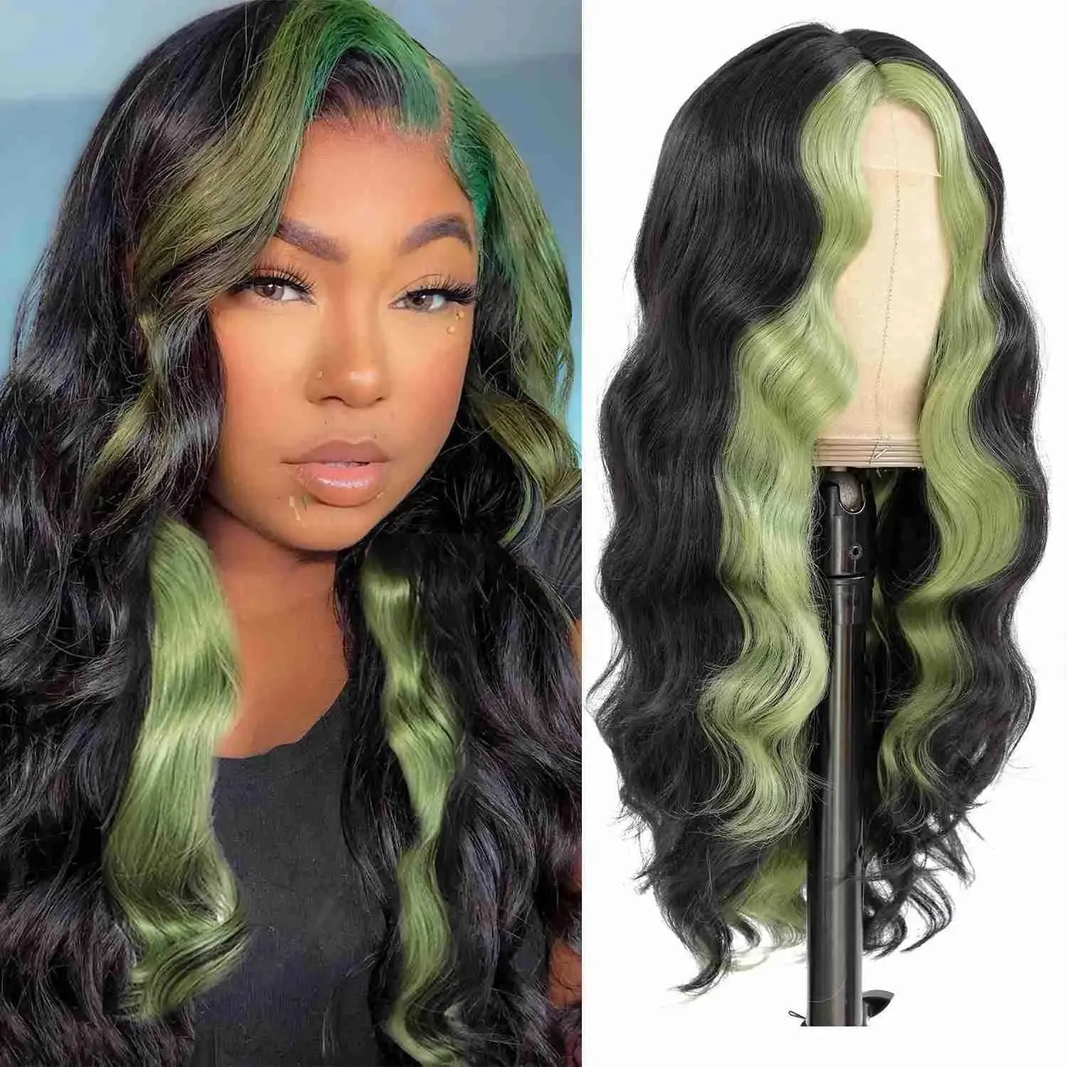 Synthetische pruiken Groen Body Wave Kant Pruiken Synthetische Hoogtepunt Ombre Los Middenscheiding Blond/oranje Halloween Cosplay 230227