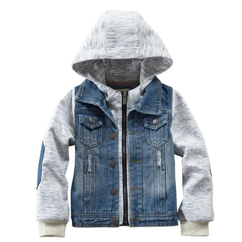 Donsjas Jongens Denim Jas Met Capuchon Splitsen Bloem Grijze Kleur Kinderen Rits Jean Bovenkleding Voor Kinderen 2-14 Y Cowboy Jas J231013