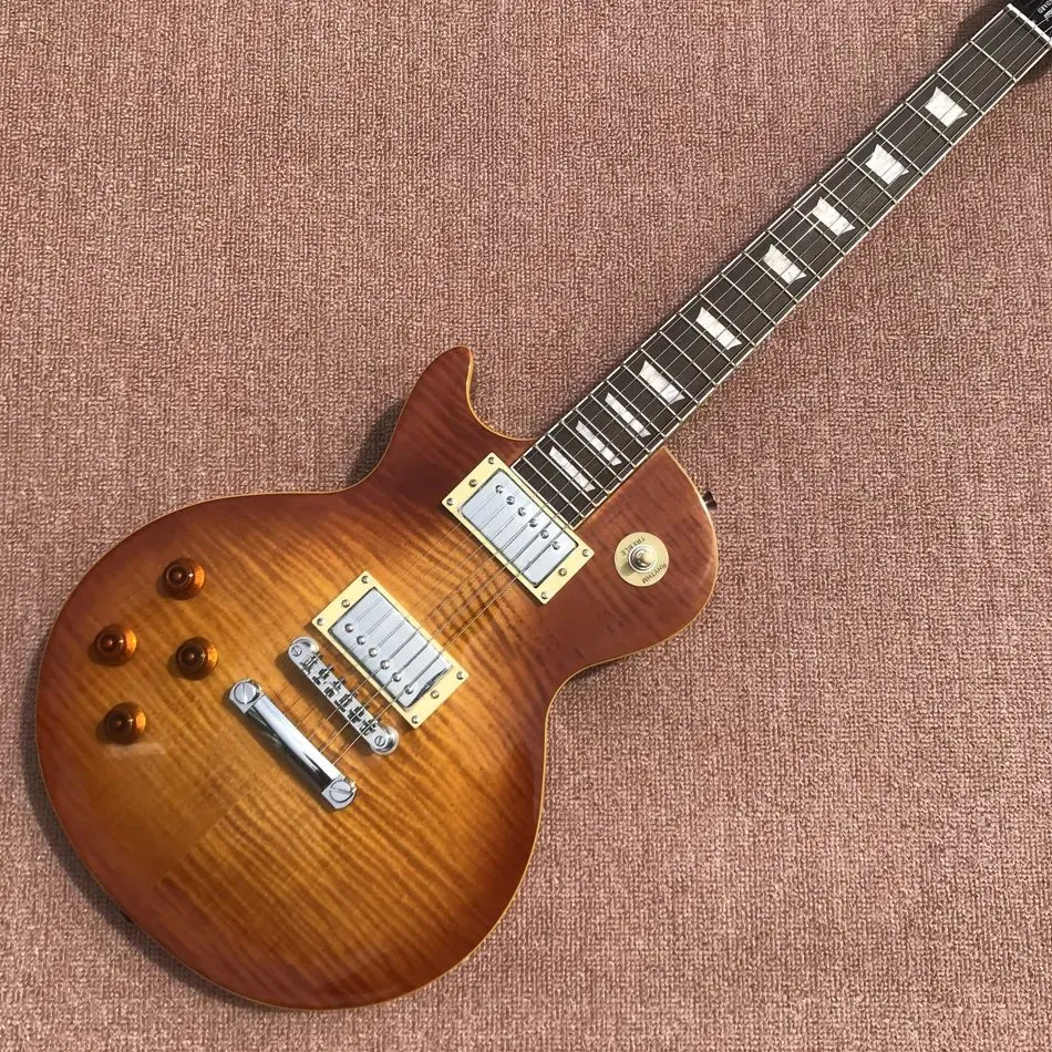 Left Hand Standard Electric Guitar, Tobacco Burst Color, Tiger Maple Top, Yellow Binding, High Quality Guitarar, 00