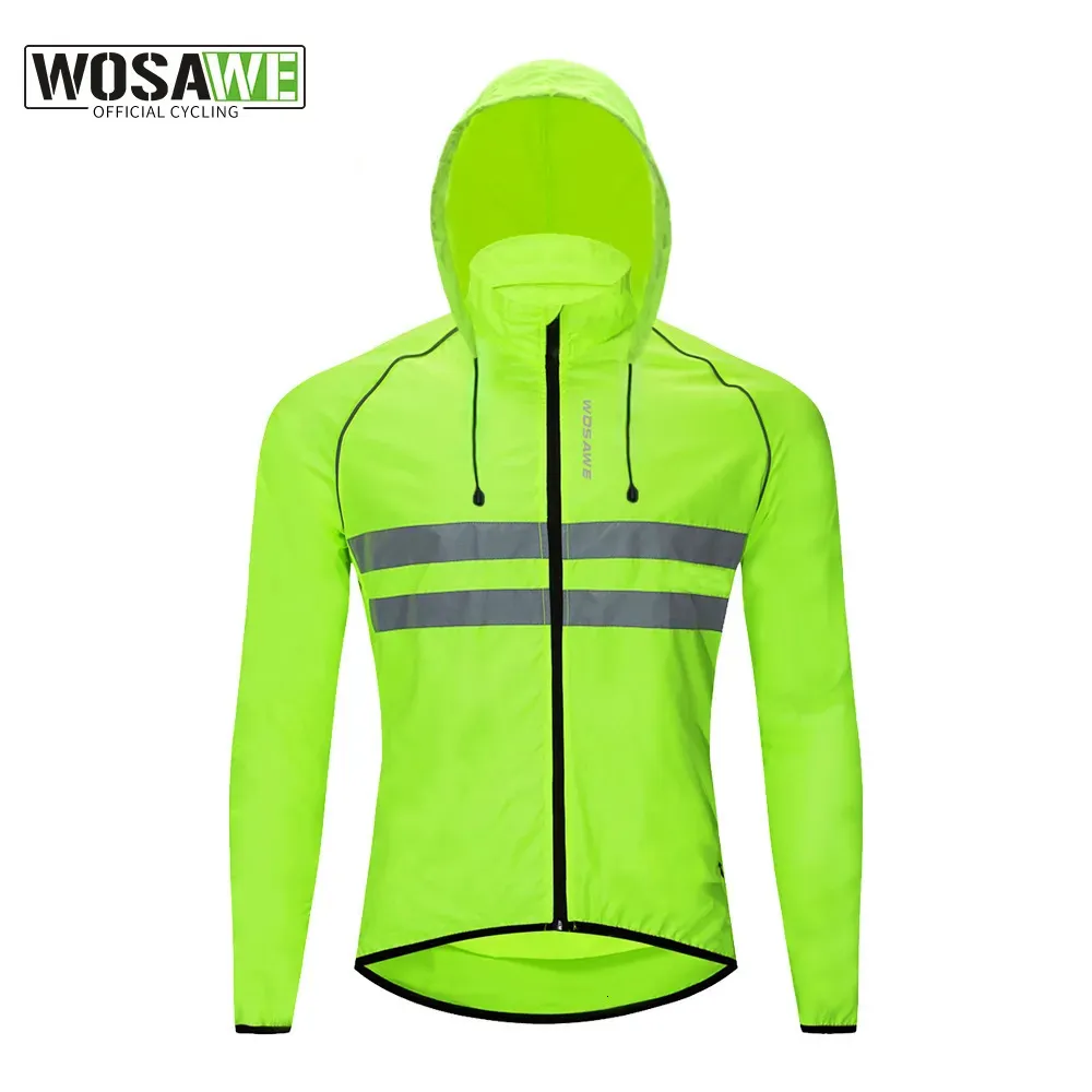 Cykeljackor Wosawe Ultralight Reflective Cycling Jacket Hooded MTB Bike Long Sleeve Jersey Men Riding Waterproof Windbreaker Cykel Vest 231013