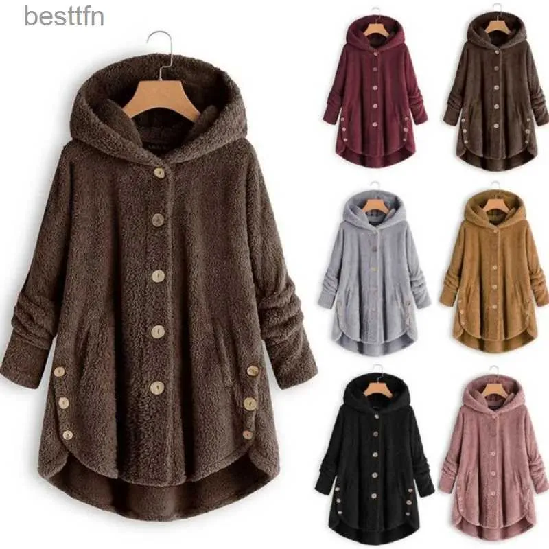 Mezclas de lana para mujer Abrigo de otoño e invierno Abrigo de oso de peluche cálido para mujer Chaqueta de lana Abrigo de felpa Fe Chaqueta con capucha Abrigos de mujer nuevos Chaqueta de color sólidoL231014